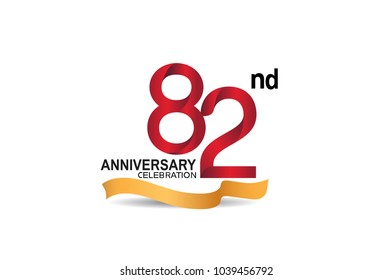 82nd anniversary design logotype red color and golden ribbon for celebration isolated on white background