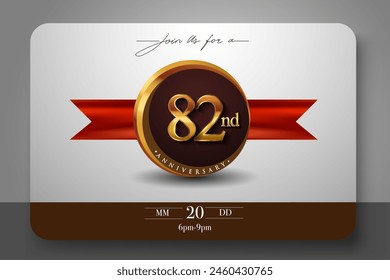 82nd Anniversary Logo With Golden Ring And Red Ribbon Isolated on Elegant Background, Birthday Invitation Design And Greeting Card