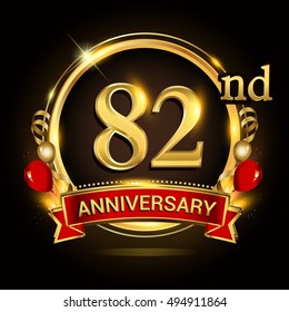 82nd anniversary logo with golden ring,balloons and red ribbon. Vector design template elements for your birthday celebration.