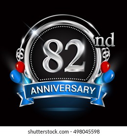 82nd anniversary logo with silver ring,balloons and blue ribbon. Vector design template elements for your birthday celebration.
