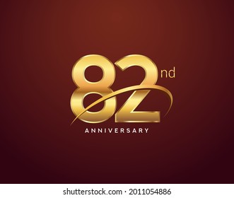 82nd anniversary logotype golden color with swoosh, isolated on elegant background for anniversary celebration event.