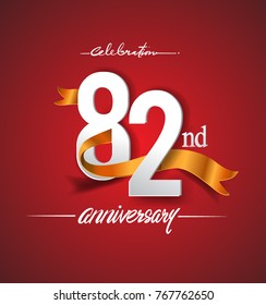 82nd anniversary logotype with golden ribbon isolated on red elegance background, vector design for birthday celebration, greeting card and invitation card.