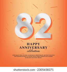 82. Jubiläum-Vektorvorlage mit weißer Zahl und Konfetti auf orangefarbenem Hintergrund