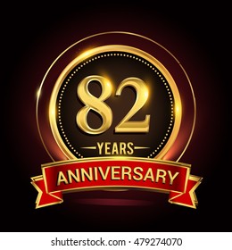 82nd golden anniversary logo with ring and red ribbon. Vector design template elements for your birthday celebration.