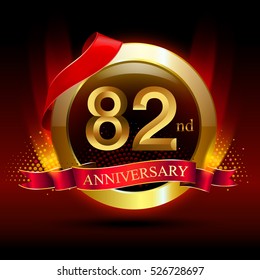 82nd golden anniversary logo with ring and red ribbon. Vector design template elements for your birthday celebration.