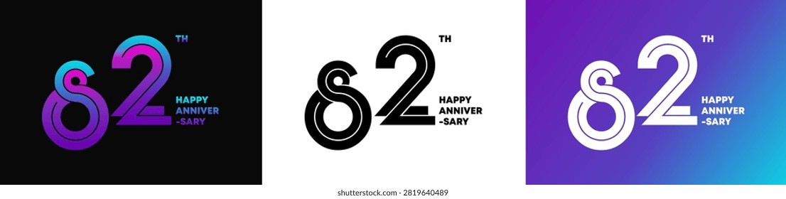 82nd Happy Anniversary Typography Logo Collection on Black, White and Purple Gradient Backgrounds. Editable color and file.
