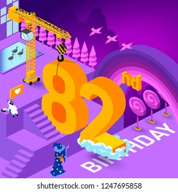 82nd year Anniversary Celebration concept with characters. Flat isometric vector illustration