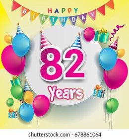 82nd years Anniversary Celebration, birthday card or greeting card design with gift box and balloons, Colorful vector elements for the celebration party of eighty two years anniversary.