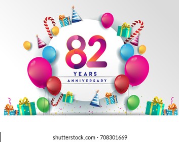 82nd years Anniversary Celebration Design with balloons and gift box, Colorful design elements for banner and invitation card.