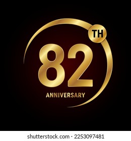 82° aniversario. Concepto de diseño del logo del aniversario con anillo de oro para celebración del aniversario, tarjeta de invitación, tarjeta de saludo, banner, afiche, volante, portada del libro. Plantilla de vectores de logotipos