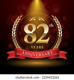 82th Anniversary. Anniversary logo design with Laurel wreath and red ribbon for celebration event, wedding, invitation, greeting card. Vector illustration