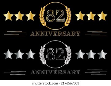82th anniversary set gold and silver. Celebrating birthday, banner for special date with ring on isolated background.