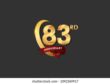 83 anniversary design logotype golden color with ring and red ribbon for celebration