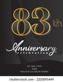 83 Anniversary Invitation and Greeting Card Design, Golden and Silver Coloured, Elegant Design, Isolated on Black Background. Vector illustration.