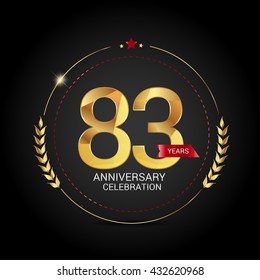 83 golden anniversary logo with red ribbon, low poly design number