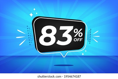 83% off. Blue banner with eighty-three percent discount on a black balloon for mega big sales.