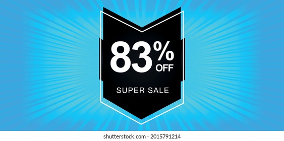 83% off. A blue banner with an eighty-three percent discount on a black balloon for mega offers.