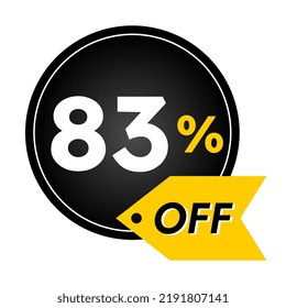83% off limited special offer. Banner with 83 percent off in black and yellow circular balloon