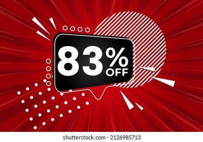 83% off. Red banner with 83 percent discount on a black balloon for mega big sales. 83% sale