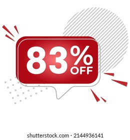 83% off. White background with 83 percent discount on a red balloon for mega big sales. 83% sale
