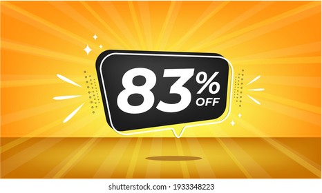 83% off. Yellow banner with eighty-three percent discount on a black balloon for mega big sales.