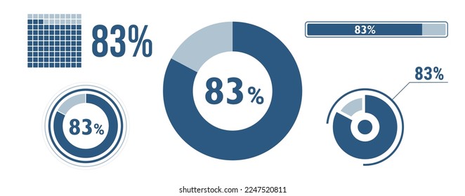 83 percent loading data icon set. Eighty-three circle diagram, pie donut chart, progress bar. 83% percentage infographic. Vector concept collection, blue color.