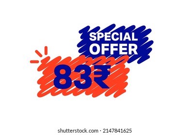 83 Rupee OFF Sale Discount banner shape template. Super Sale 83 Indian rupee Special offer badge end of the season sale coupon bubble icon. Discount offer price tag vector illustration.