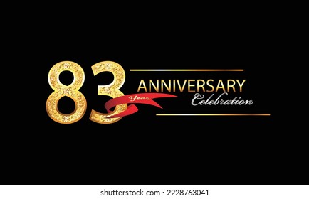 83 Year Anniversary celebration Vector Design. 83rd Anniversary celebration. Gold Luxury Banner of 83rd Anniversary celebration with red ribbon and glitter. Background celebration. Vector anniversary svg