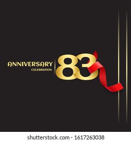 83 year anniversary logo template on black background. golden numbers with red ribbon vector