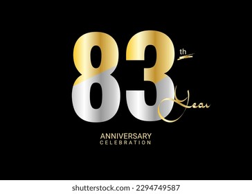 83 Years Anniversary Celebration gold and silver Vector Template, 83 number logo design, 83th Birthday Logo,  logotype Anniversary, Vector Anniversary For Celebration, poster, Invitation Card