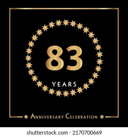 83 years anniversary celebration with golden circle star frame isolated on black background. Creative design for happy birthday, wedding, ceremony, event party, invitation event, and greeting card. svg