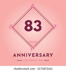 83 years anniversary celebration with purple frame isolated on soft pink background. Creative design for happy birthday, wedding, ceremony, event party, marriage, invitation card and greeting card. svg