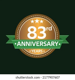 83 years anniversary, country style, old gold and green, wedding, companies, years, jubilee, greeting card. Birthday invitation sign on deep green background. Vector illustration.