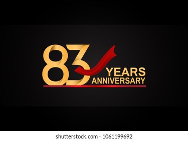 83 years anniversary design with red ribbon and golden color isolated on black background