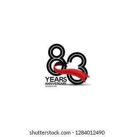 83 years anniversary flat black color and red ribbon isolated on white background