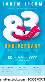 83 years anniversary invitation card or emblem - celebration template design , 83rd anniversary modern design elements with  background polygon and pink ribbon - vector illustration.