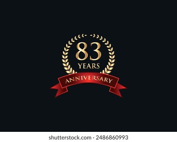 83 Years Anniversary Logo. Celebrating Success. Symbol of Eternal Achievement. Proud Heritage. Logo with Laurel Wreath and Ribbon. Years of Glorious Memories. Jubilee of Joy. Golden Celebratory Crest.