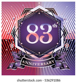 83 years anniversary logo celebration with ring and ribbon. Symbol and template for greeting card