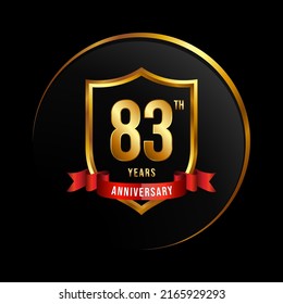 83 years anniversary logo with golden shield and ribbon for booklet, leaflet, magazine, brochure poster, banner, web, invitation or greeting card. Vector illustrations.