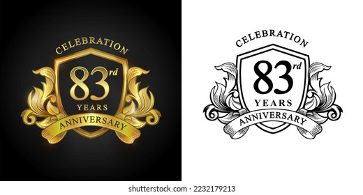 83 years anniversary logo with golden shield and ribbon for booklet, leaflet, magazine, brochure poster, banner, web, invitation or greeting card. Vector illustrations. svg