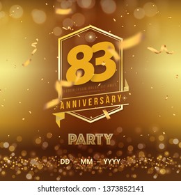 83 years anniversary logo template on gold background. 83rd celebrating golden numbers with ribbon and confetti isolated design elements.