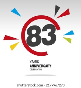 83 Years Anniversary, Number In Broken Circle With Colorful Bang Of Confetti, Logo, Icon, White Background