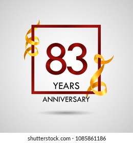 83 years anniversary with red number design inside red square and golden ribbon element, isolated on white background can be used as celebration card