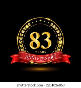 83 Years Anniversary template design, with shiny ring and red ribbon, laurel wreath isolated on black background, logo vector