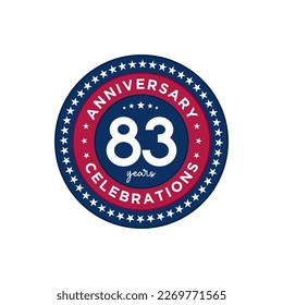 83 years anniversary. Anniversary template design, red and blue colors with stars, design for event, invitation card, greeting card, banner, poster, flyer, book cover and print. Vector Eps10