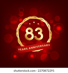 83 years anniversary. Anniversary template design with gold number and red ribbon, design for event, invitation card, greeting card, banner, poster, flyer, book cover and print. Vector Eps10