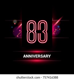 83 Years Anniversary vector logo design using neon style with flare ornament isolated on dark background