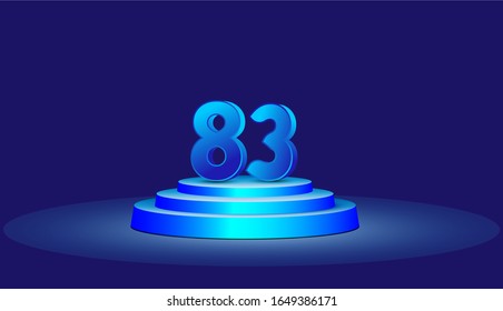 Ilustración de diseño de plantillas vectoriales de 83 años. Blue 3d Números con escenario de podio para celebración