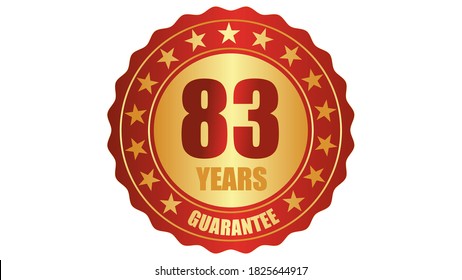 83 years guarantee stamp icon or a guarantee tag, badge, label, original certified concept seal vector illustration, logo isolated on white background and golden red text