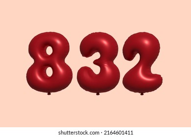 832 3d number balloon made of realistic metallic air balloon 3d rendering. 3D Red helium balloons for sale decoration Party Birthday, Celebrate anniversary, Wedding Holiday. Vector illustration